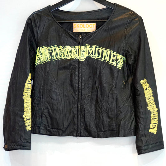 SKOLOCT YELLOW SLOGAN REMAKE LEATHER JACKET